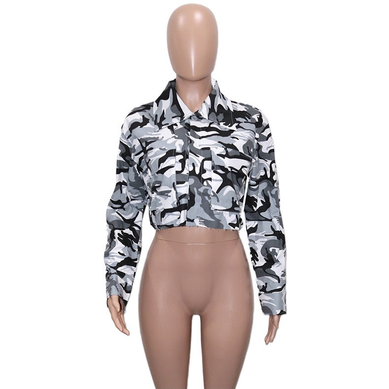 Camouflage Print Lapel Neck Short Coats SH 390421