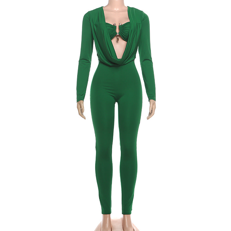 Solid Color Wrap Chest Long Sleeve Jumpsuit XEF K25Q77505