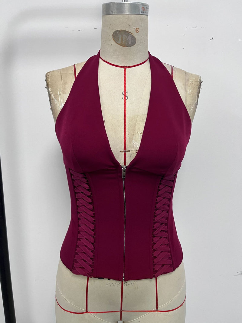 Halterneck Solid Color Zipper V Neck Tank Tops GOMN 71129