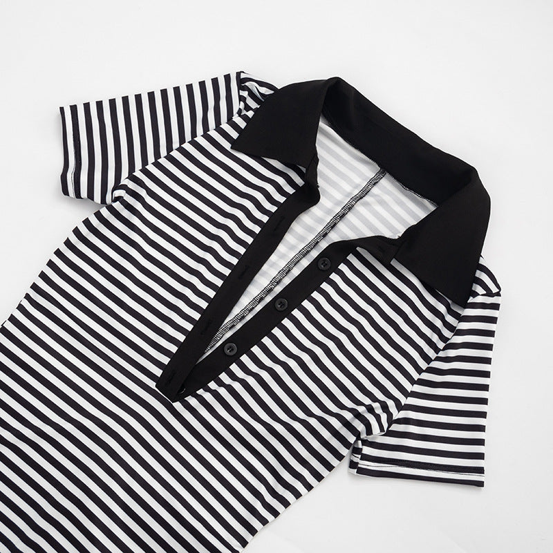 Stripe Print Lapel Seventh Jumpsuit MXBF D26JP197