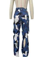 Camouflage Print Holes Cross Straight Pants OD 8600