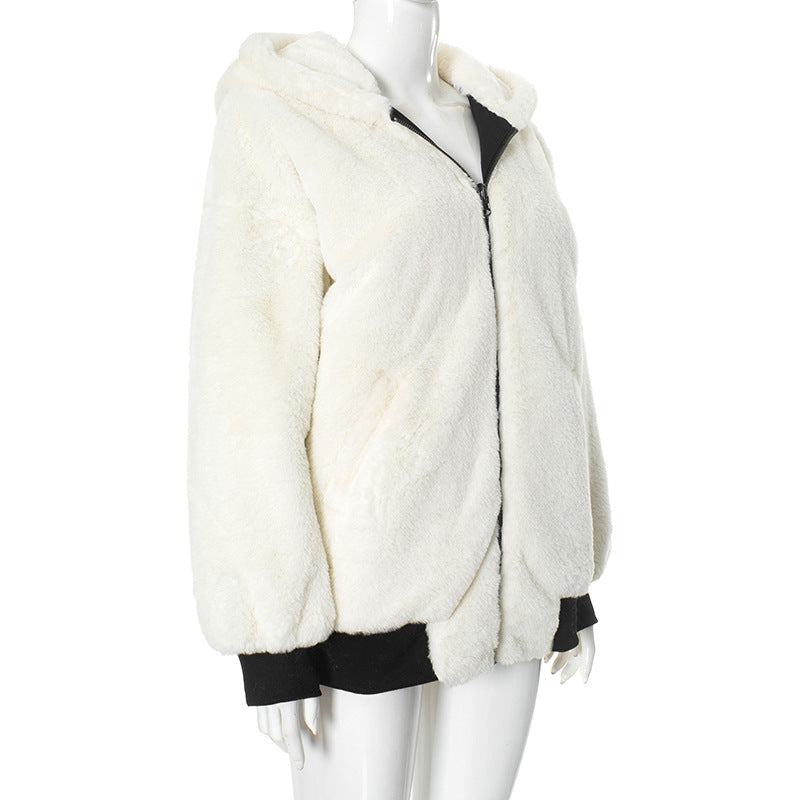 Solid Color Hooded Zipper Plush Jacket GSZM ZTP1449