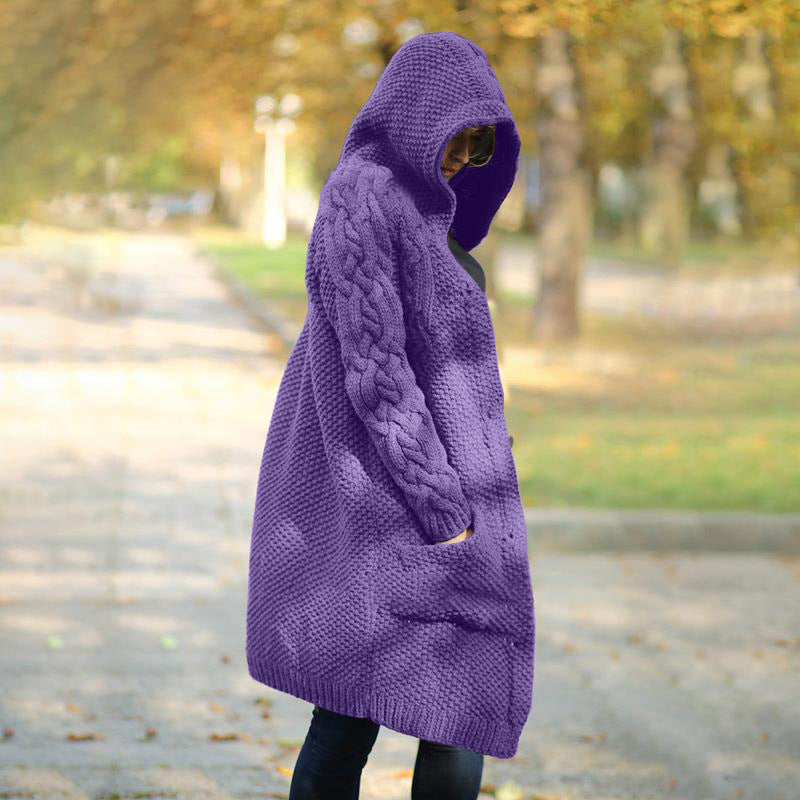 Plus Size Hooded Single Breasted Knit Long Sleeve Coat GBLH 3355