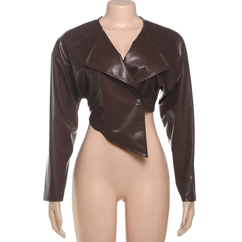 PU Leather Solid Color Irregular Coat XEF K25C77277