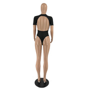 Solid Backless Short Sleeve One Piece Swimsuit IV 8279