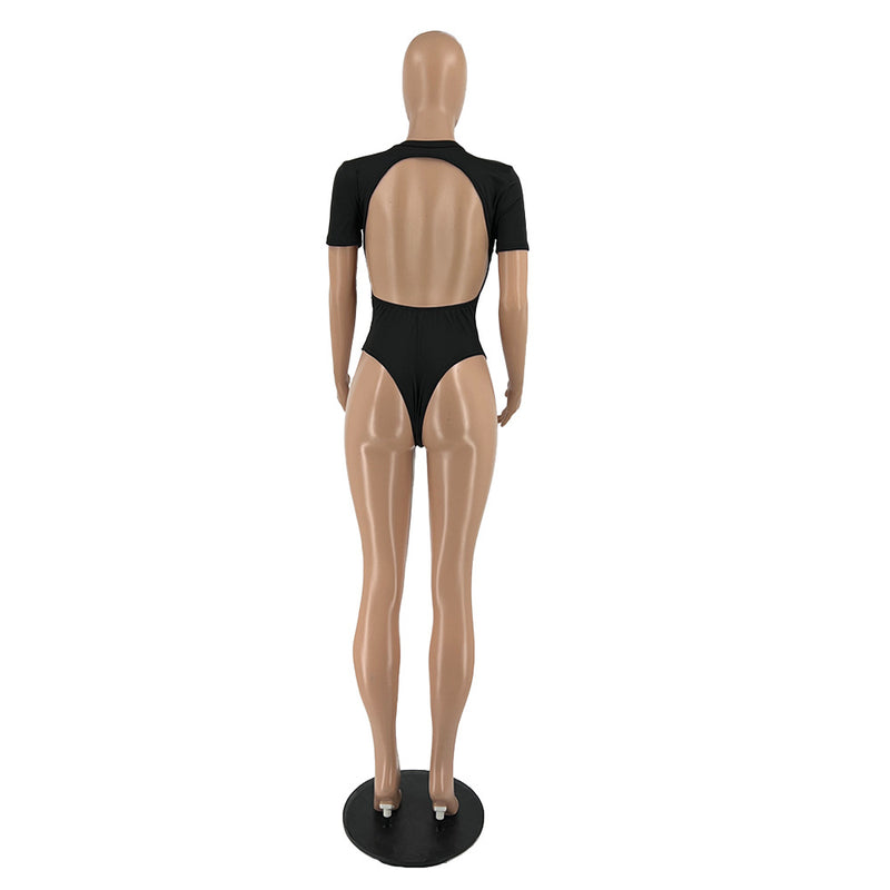 Solid Backless Short Sleeve One Piece Swimsuit IV 8279