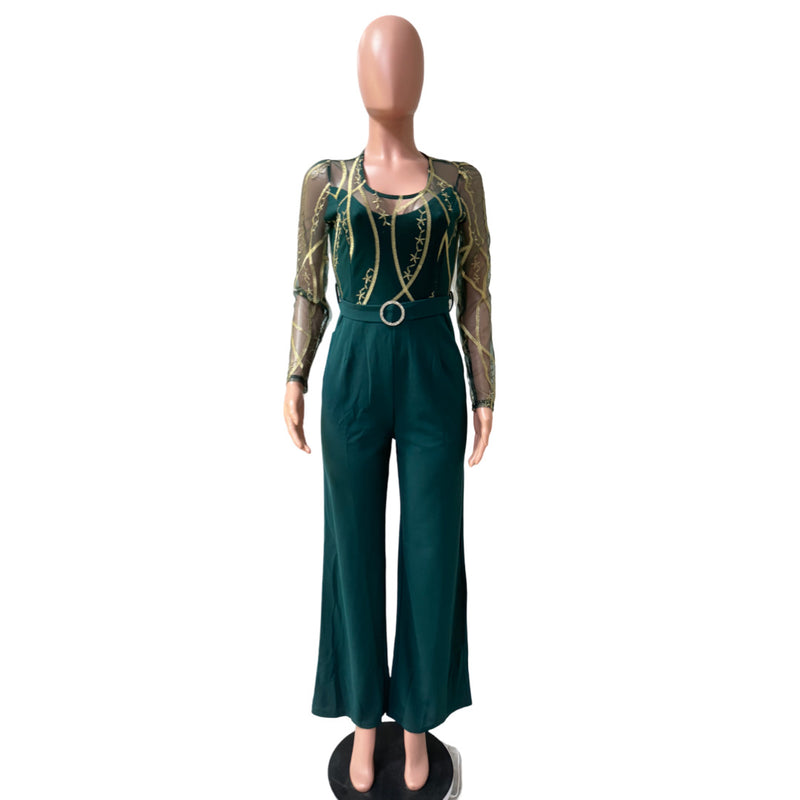 Mesh Embroidery See Through Wide Leg Jumpsuit LA 6005
