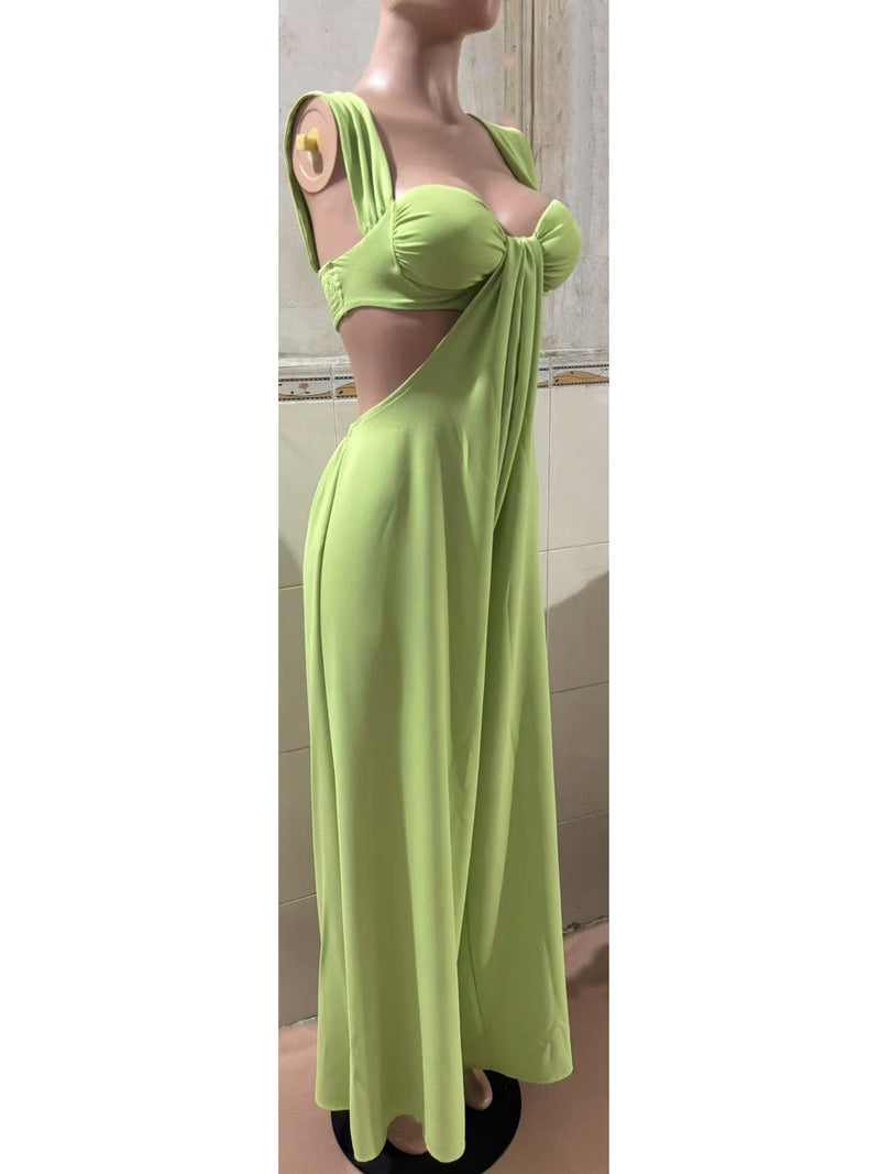 Solid Color Halterneck Tie Up Loose Jumpsuit GQLK KG1173