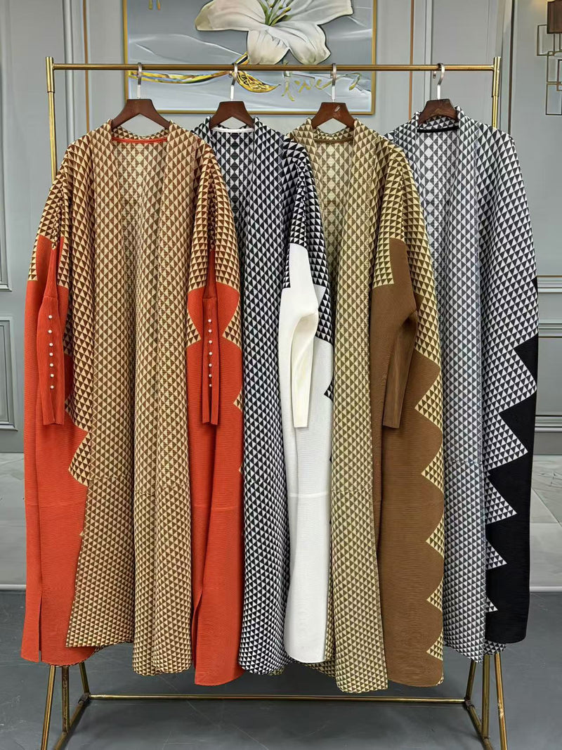 Pleated Print Cardigan Long Coats GZRF 77102