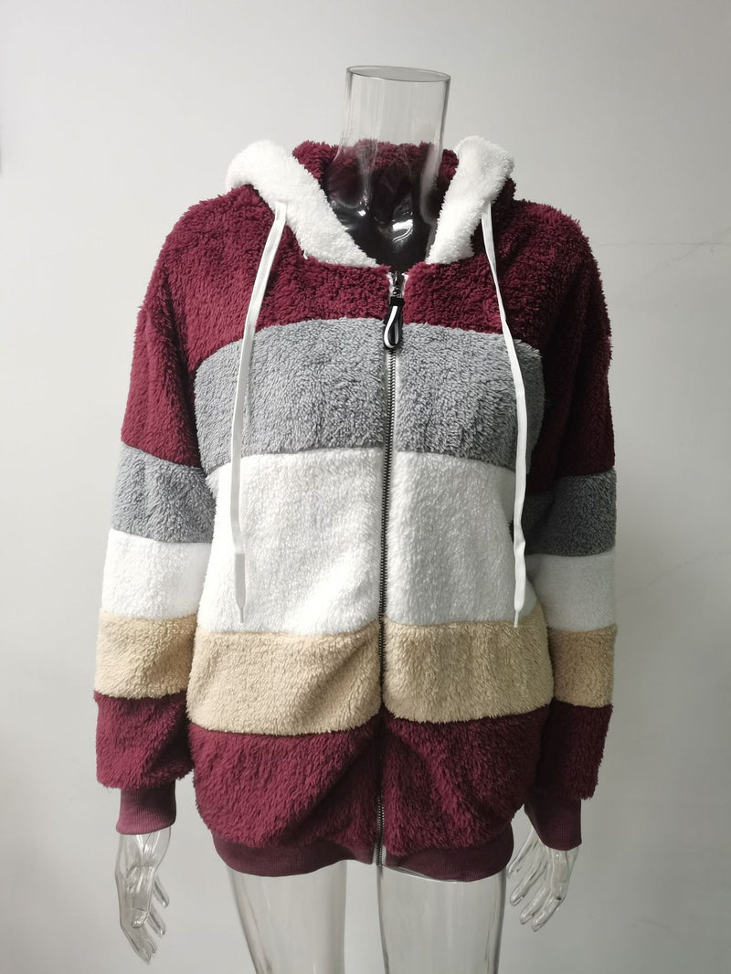 Plus Size Warm Plush Patchwork Zipper Hooded Loose Jacket GOFY 80160