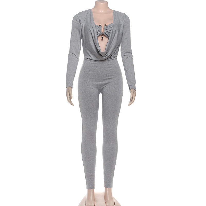 Solid Color Wrap Chest Long Sleeve Jumpsuit XEF K25Q77505