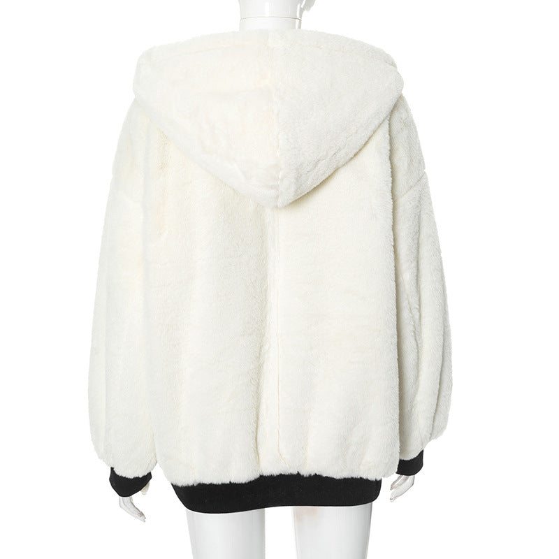 Solid Color Hooded Zipper Plush Jacket GSZM ZTP1449