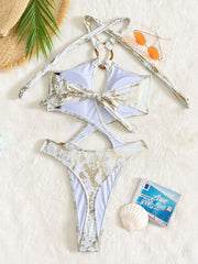 Sexy Print Cross Tie Up One Piece Swimsuit CASF 6732