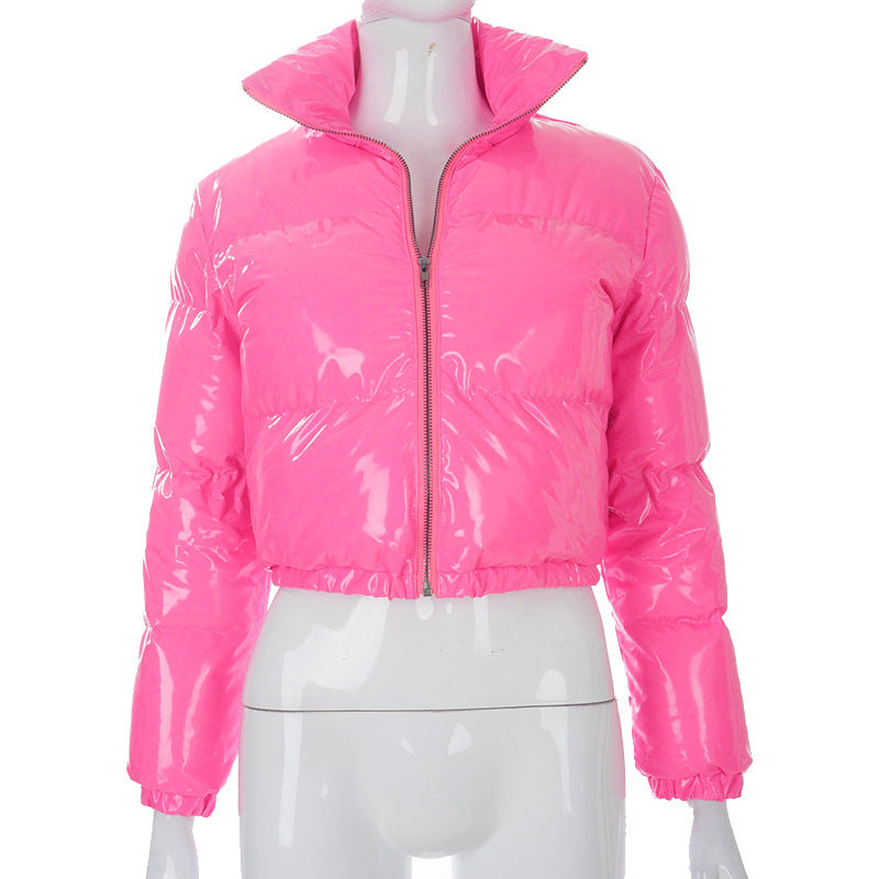 Solid PU Leather Stand up Collar Cotton Jacket GSZM A20666T