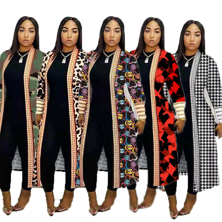 Plus Size Print Long Sleeve Knit Coat GRNH 8078