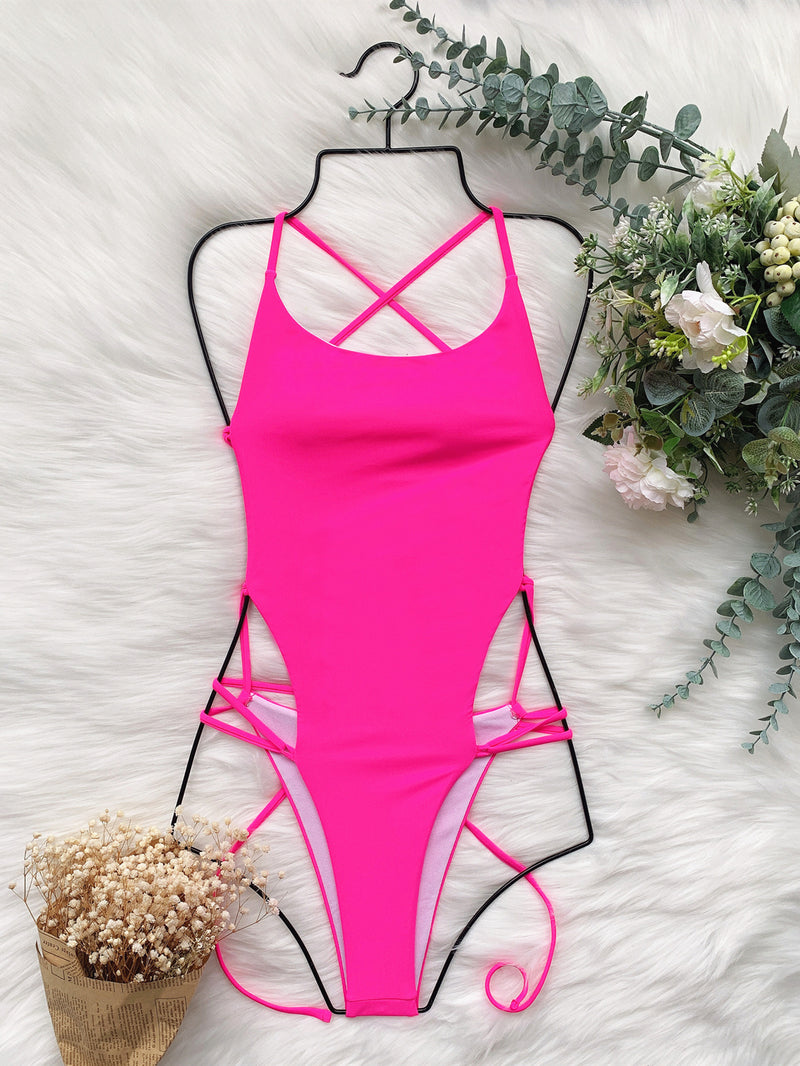 Solid Backless Bandage One Piece Swimsuit CASF 6300