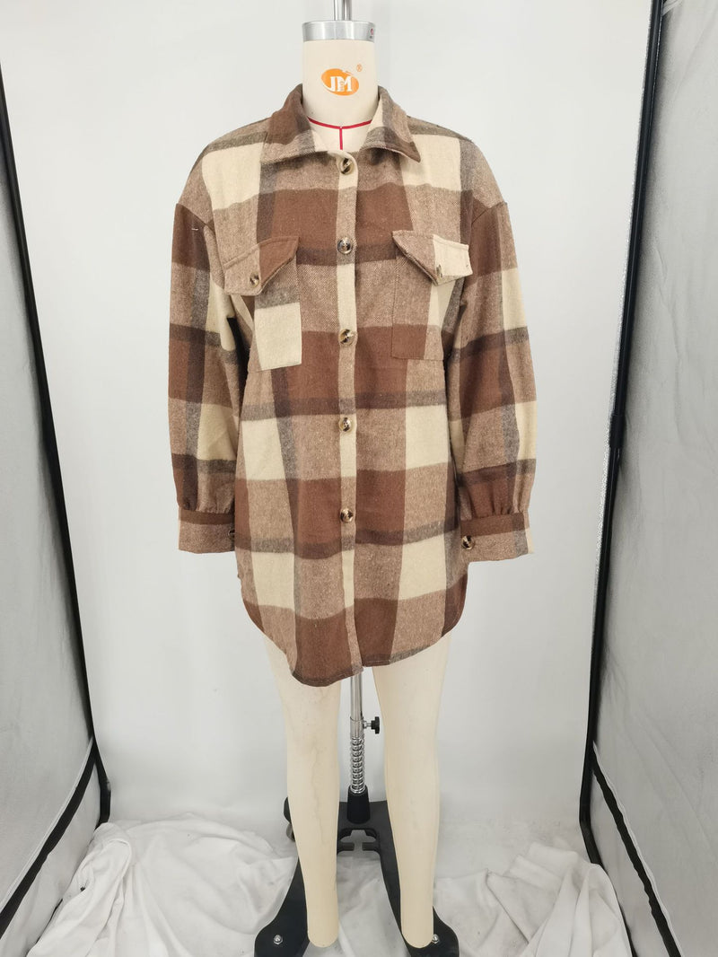 Plus Size Loose Plaid Mauney Long Sleeve Shirt Coat YIM 370