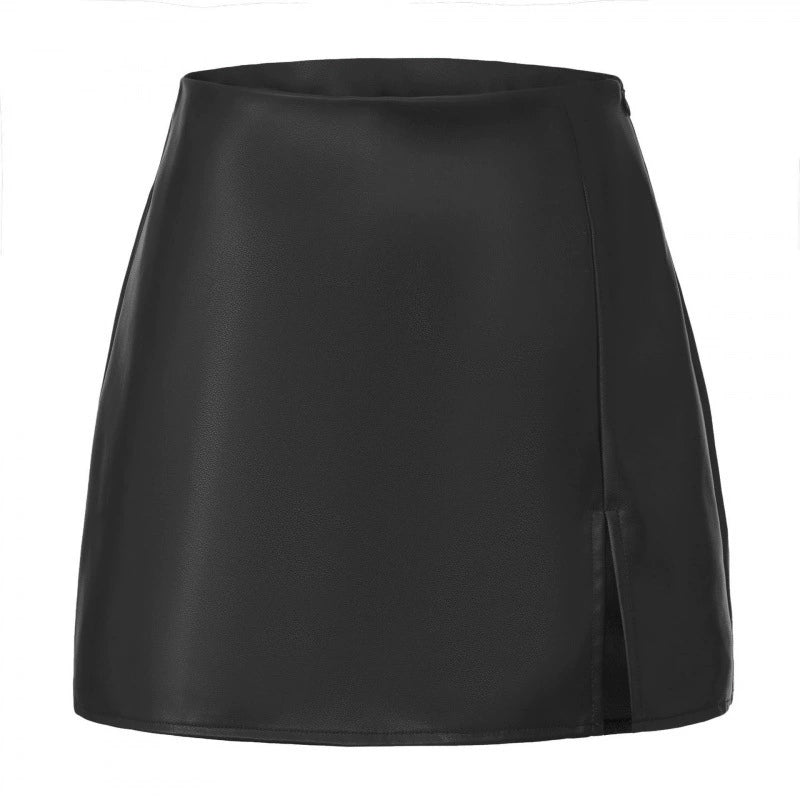 Solid Color PU Leather Split Culottes ANDF 7923