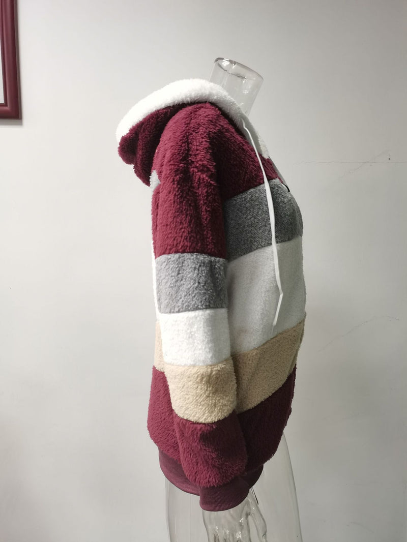 Plus Size Warm Plush Patchwork Zipper Hooded Loose Jacket GOFY 80160