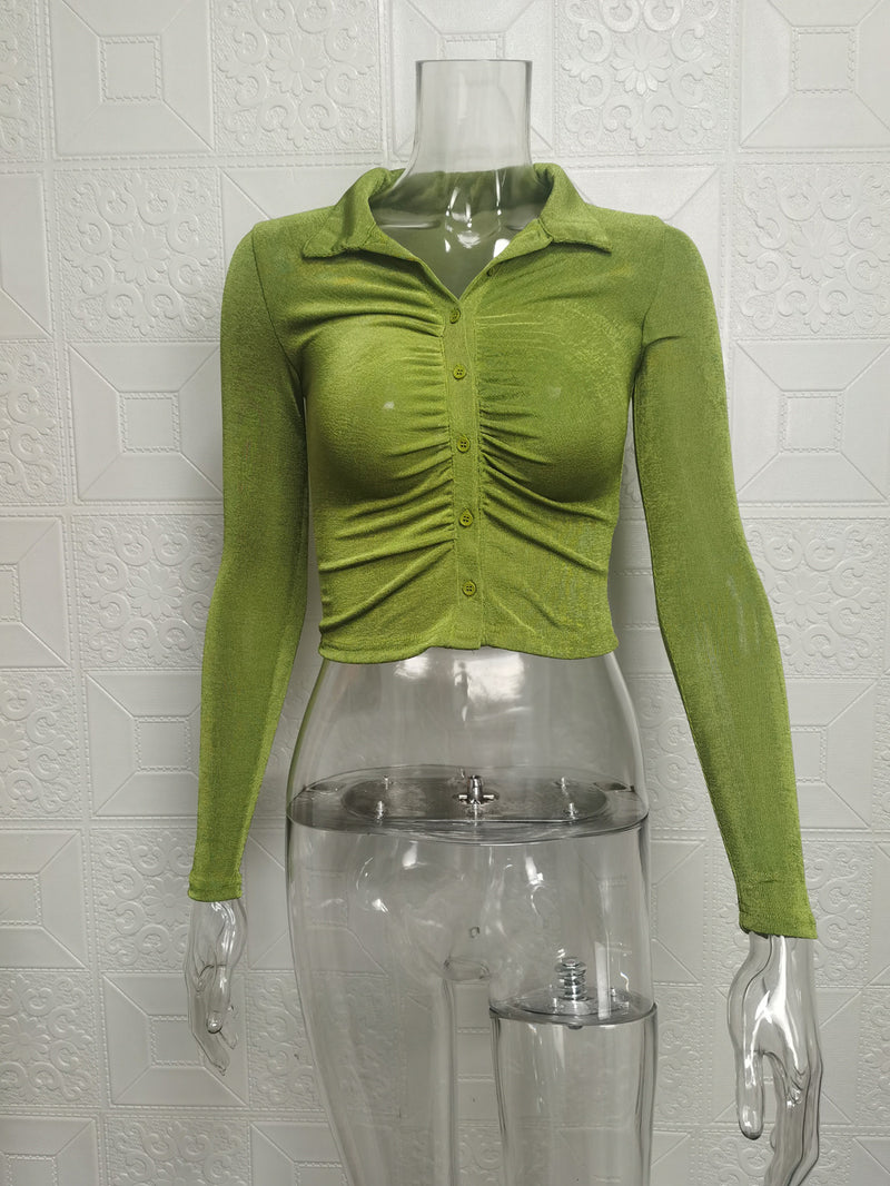 Pleated Lapel Single Breasted Long Sleeve Shirt GYSM W0292