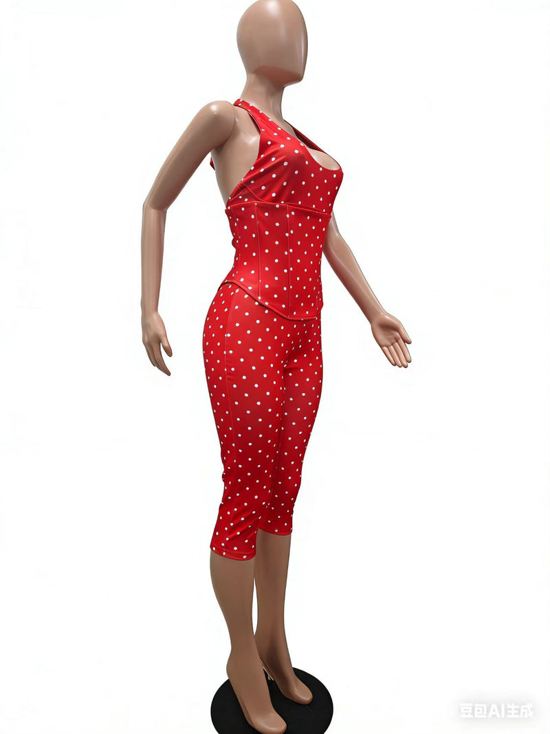 Polka Dots Print Halterneck Tie Up Seventh Jumpsuit TK 6350