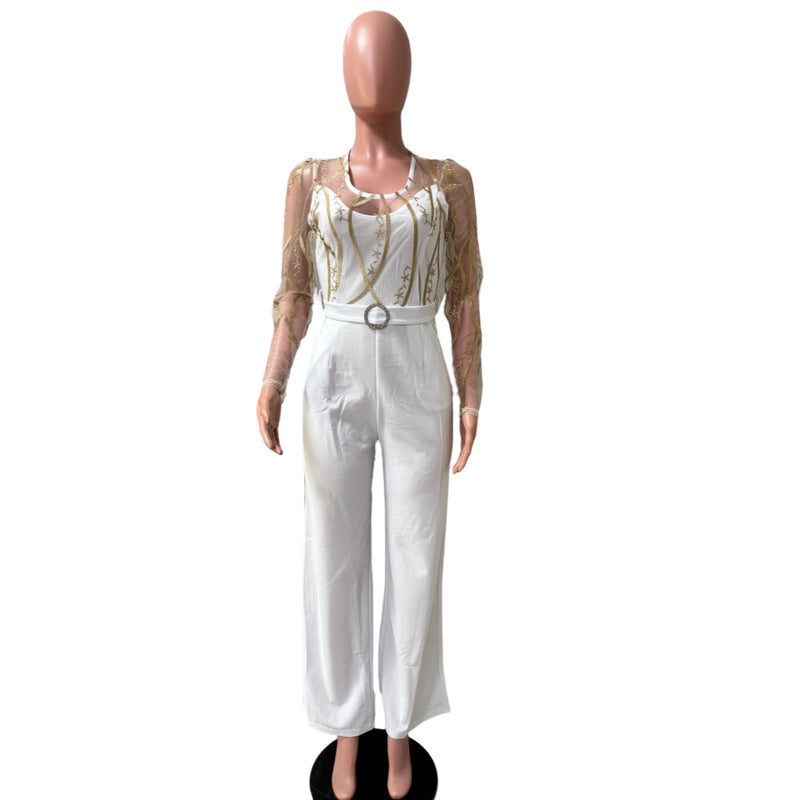 Mesh Embroidery See Through Wide Leg Jumpsuit LA 6005