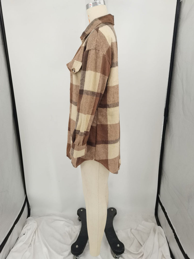 Plus Size Loose Plaid Mauney Long Sleeve Shirt Coat YIM 370