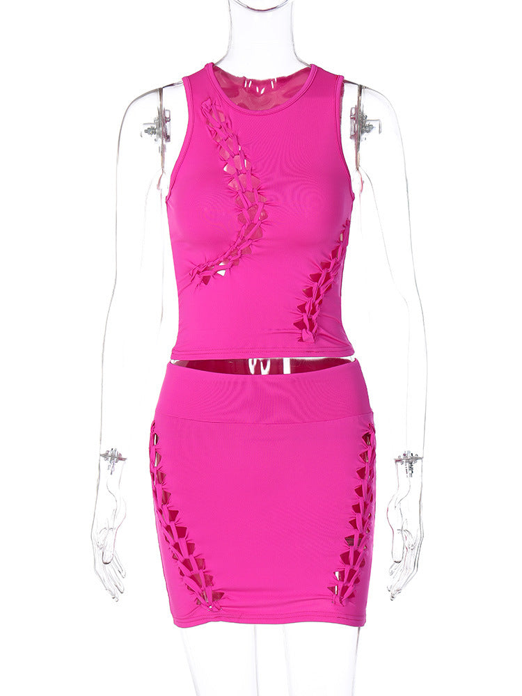 Solid Color Hollow Out Sleeveless Two Piece Skirt Set BLG S3211721K
