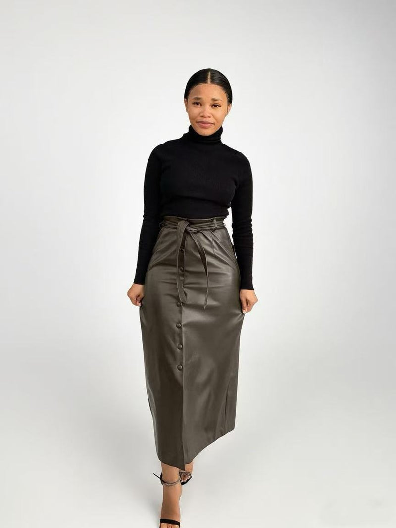 Split Half PU Leather Skirt With Belt QODY 6005