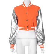 Color Block Short PU Leather Baseball Coat GSZM K23TP377
