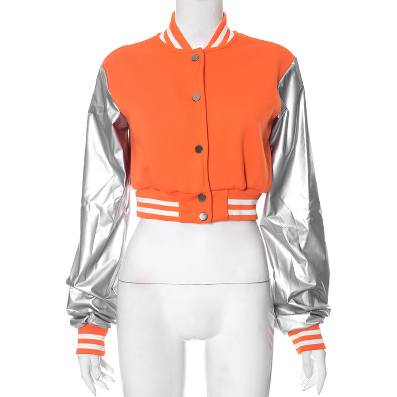 Color Block Short PU Leather Baseball Coat GSZM K23TP377