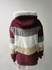 Plus Size Warm Plush Patchwork Zipper Hooded Loose Jacket GOFY 80160