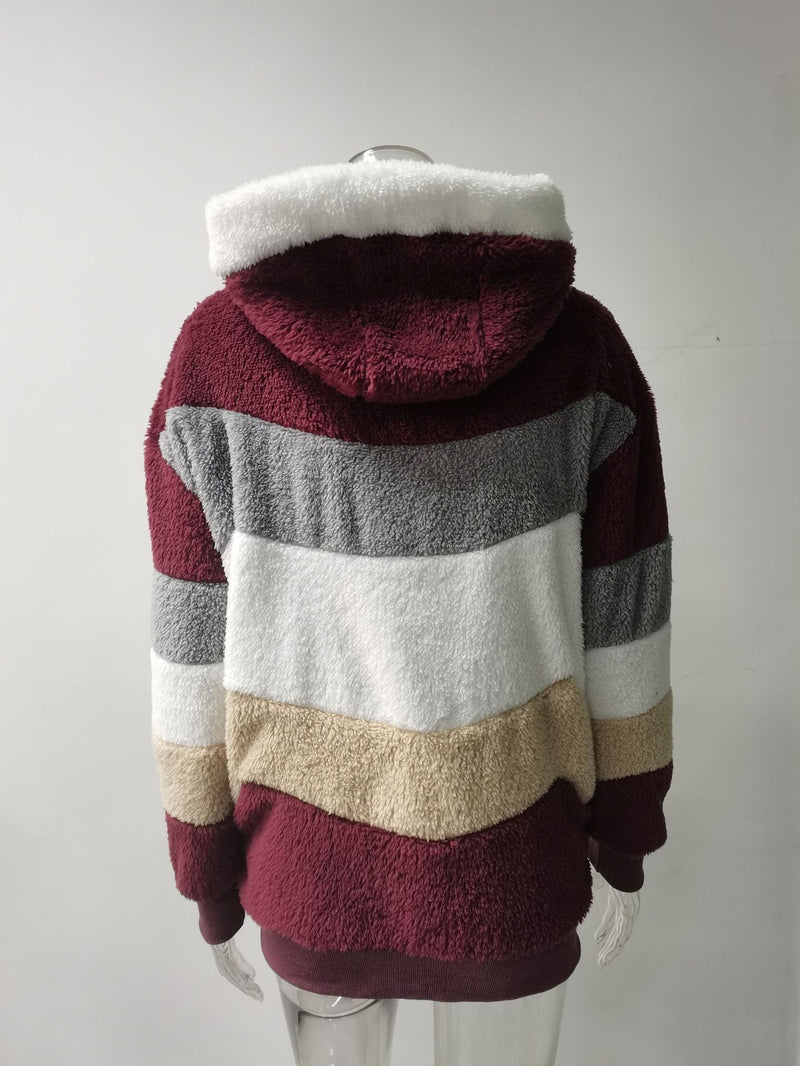 Plus Size Warm Plush Patchwork Zipper Hooded Loose Jacket GOFY 80160