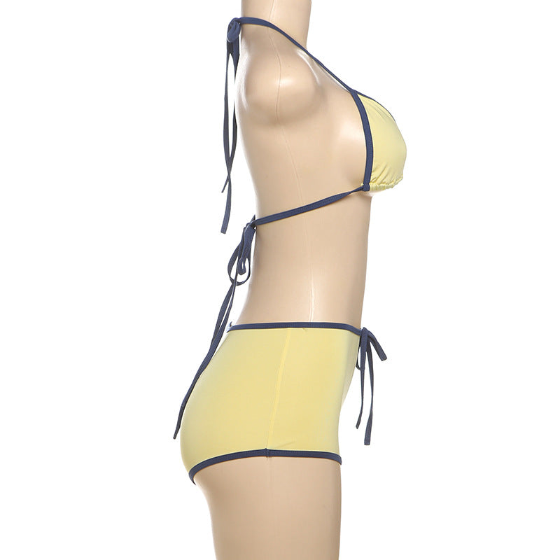 Color Block Tie Up Bikinis Two Piece Short Set DLSF K25S63780