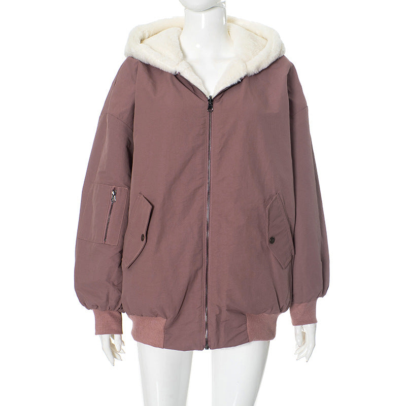 Solid Color Hooded Zipper Plush Jacket GSZM ZTP1449