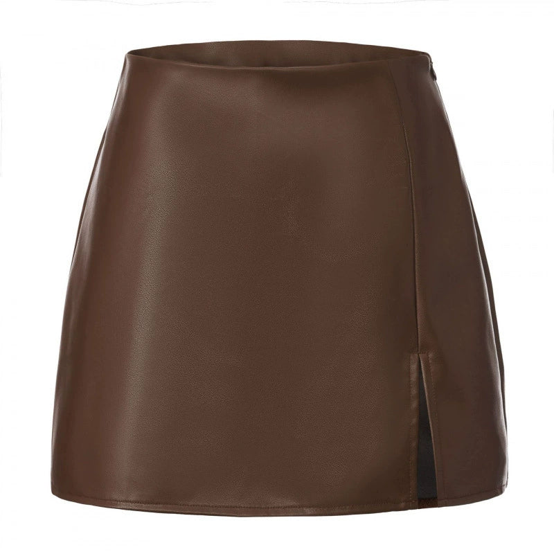 Solid Color PU Leather Split Culottes ANDF 7923