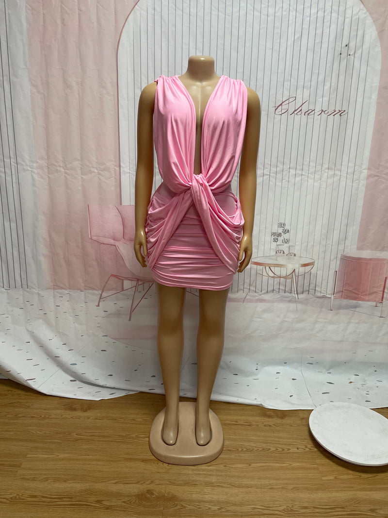 Deep V Neck Sleeveless Ruched Mini Dress SFY 863
