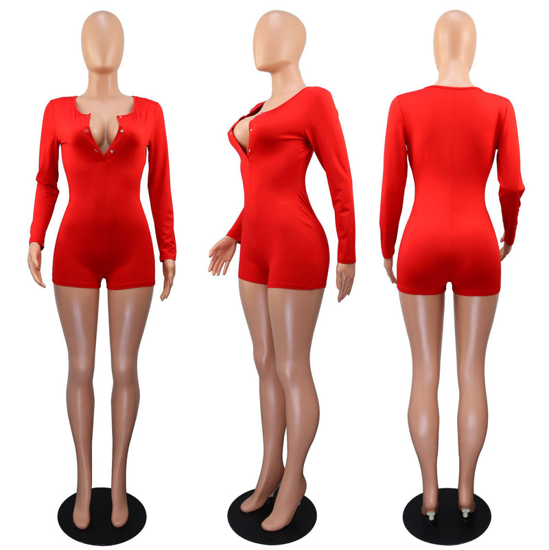 V Neck Solid Color Long Sleeve Romper GWLS LD201019