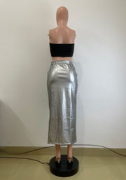 Split Half PU Leather Skirt With Belt QODY 6005