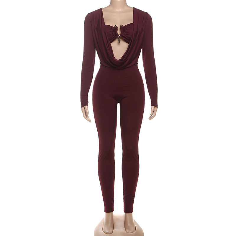 Solid Color Wrap Chest Long Sleeve Jumpsuit XEF K25Q77505