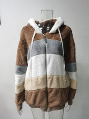 Plus Size Warm Plush Patchwork Zipper Hooded Loose Jacket GOFY 80160