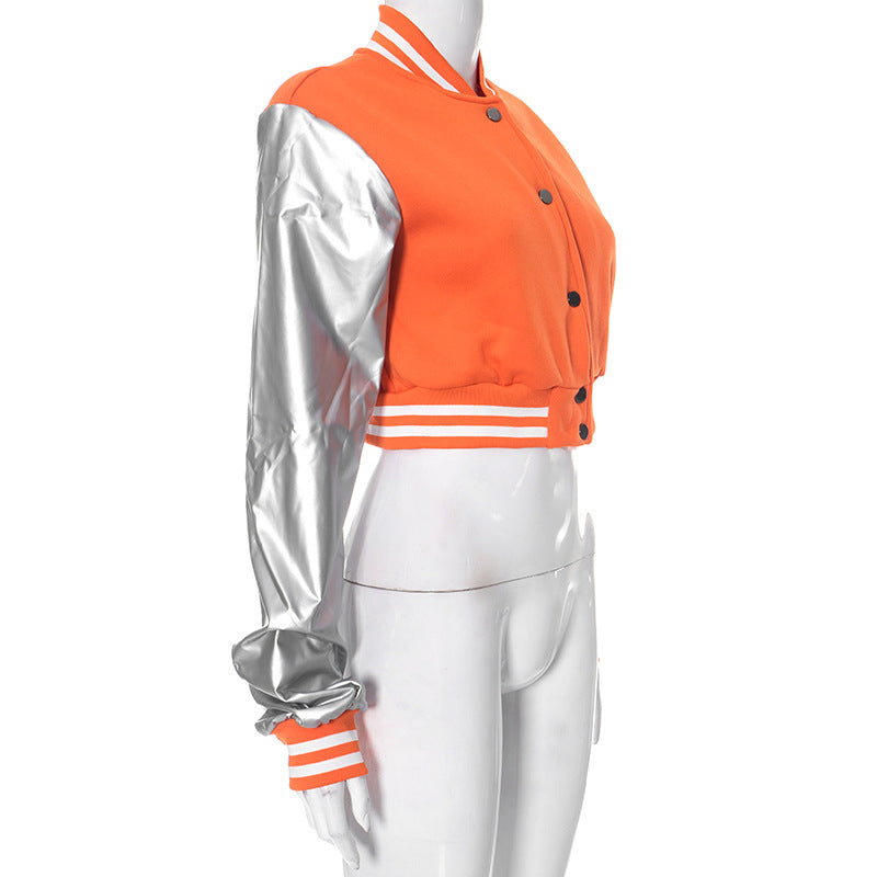 Color Block Short PU Leather Baseball Coat GSZM K23TP377