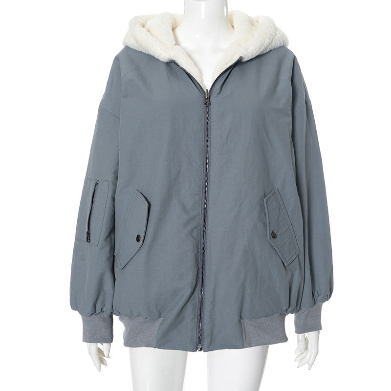 Solid Color Hooded Zipper Plush Jacket GSZM ZTP1449