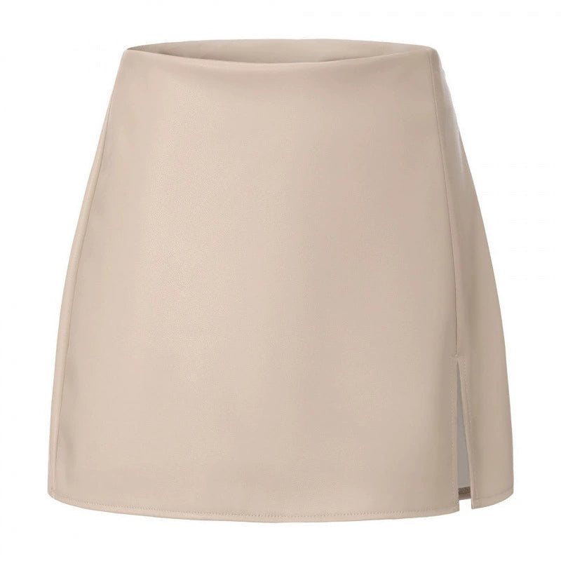 Solid Color PU Leather Split Culottes ANDF 7923