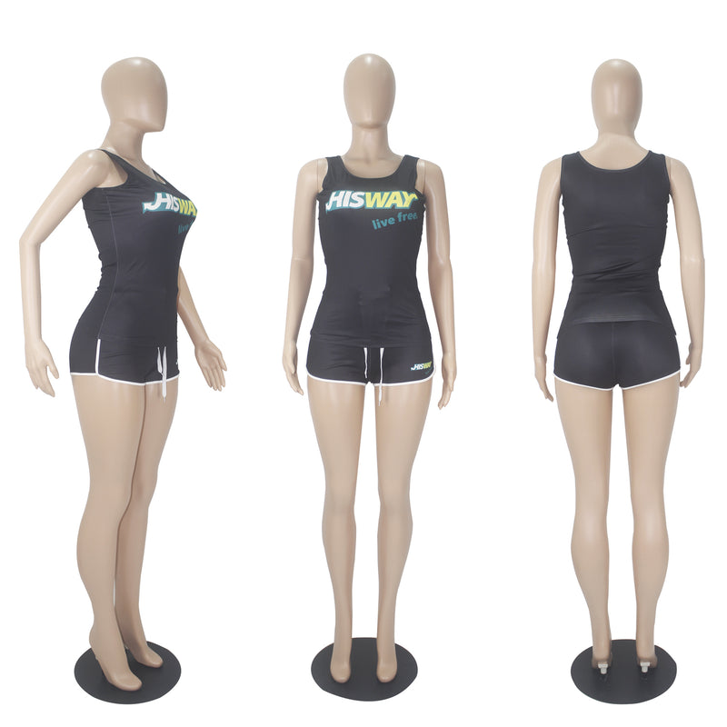 Casual Sports Print Tank Top And Shorts Two Piece Set SHD 9415