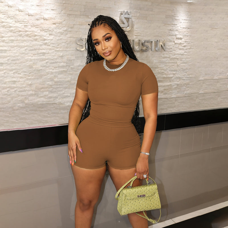 Casual Solid Sport Short Sleeve Shorts Two Piece Set SFY 2305