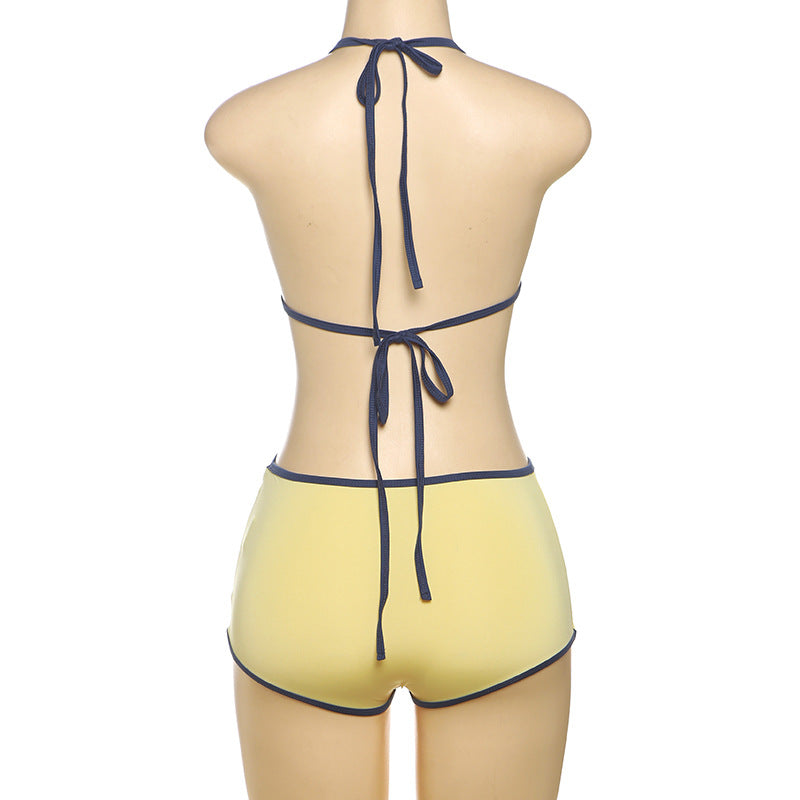 Color Block Tie Up Bikinis Two Piece Short Set DLSF K25S63780