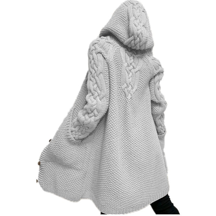 Plus Size Hooded Single Breasted Knit Long Sleeve Coat GBLH 3355