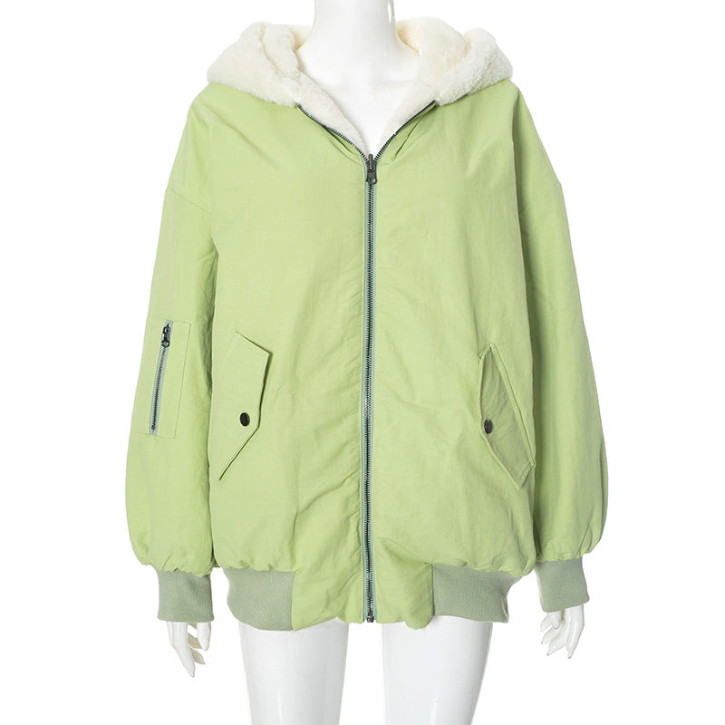 Solid Color Hooded Zipper Plush Jacket GSZM ZTP1449