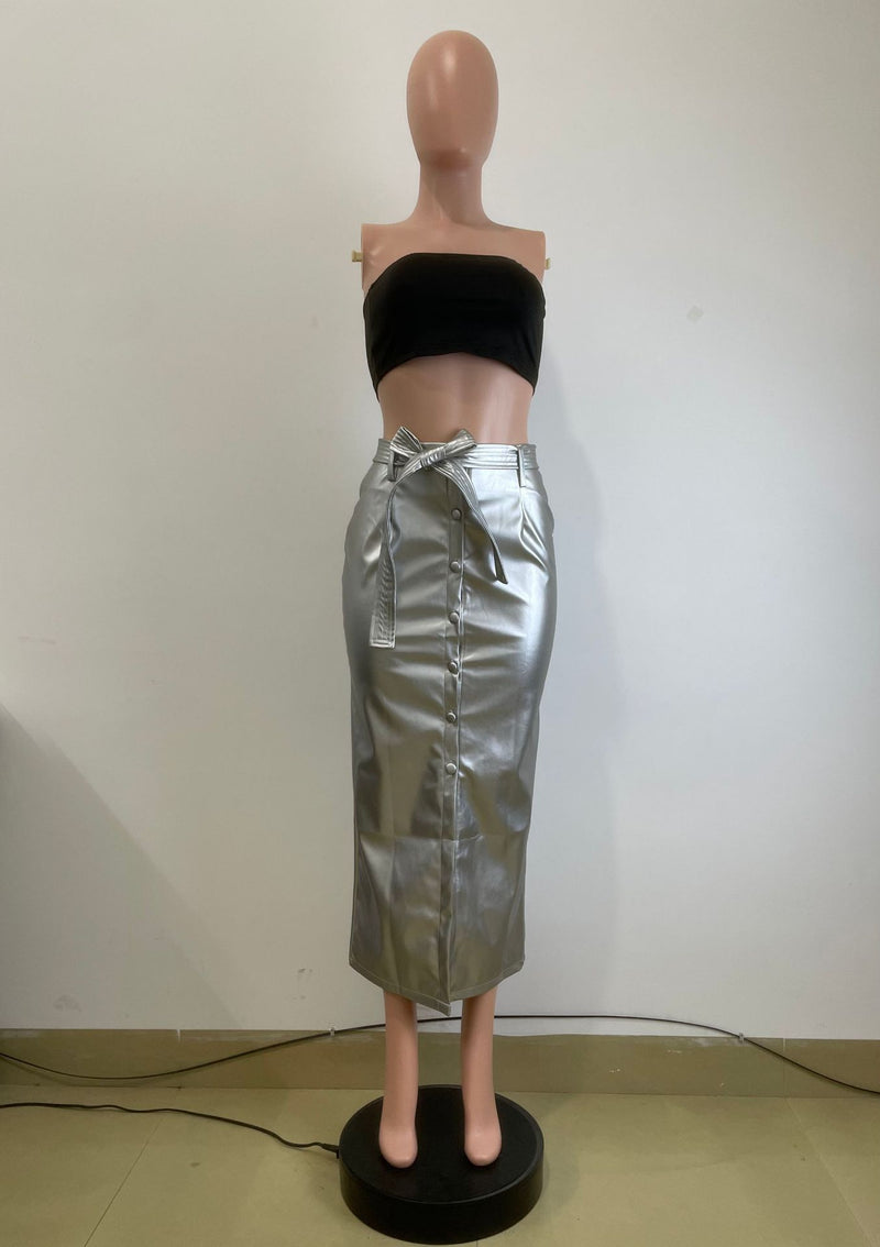 Split Half PU Leather Skirt With Belt QODY 6005